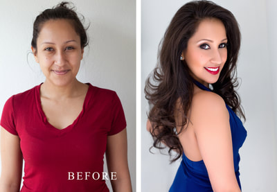 A before and after photo of a young woman in glamour makeup