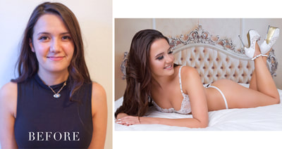 Before and after photo from a Las Vegas glamour boudoir photo shoot