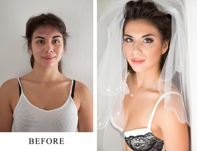 Before and after photo of a young beautiful woman from a bridal boudoir photo shoot in Las Vegas