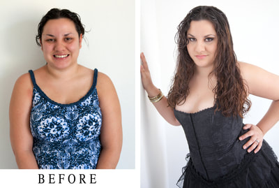 Before and After glamour photo of a beautiful young curvy woman wearing a black corset