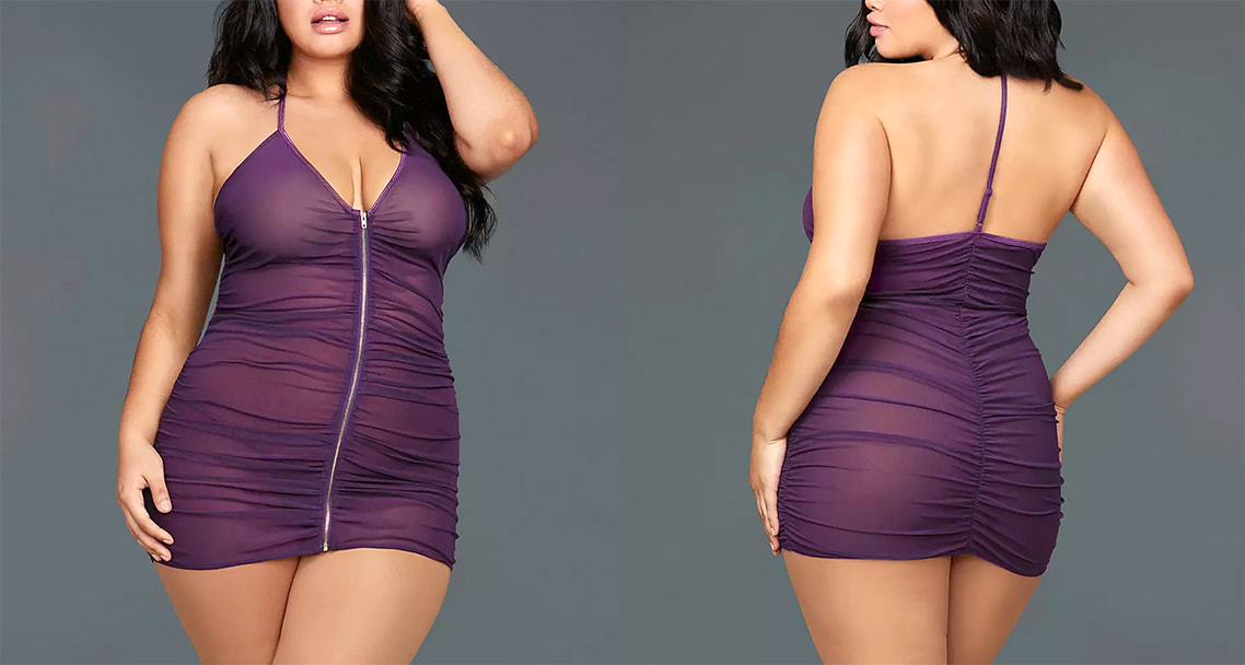 Best lingerie for boudoir photo shoot purple front zipper halter neck mesh chemise