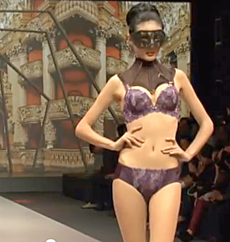 female model wearing a masquerade mask posing in a bra and panties