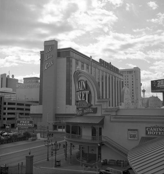 Black and white photo of the Main Street and California Hotel and Casino located in Downtown Las Vegas, taken with a Rolleiflex TLR and developed in Caffenol, coffee and vitamin C.