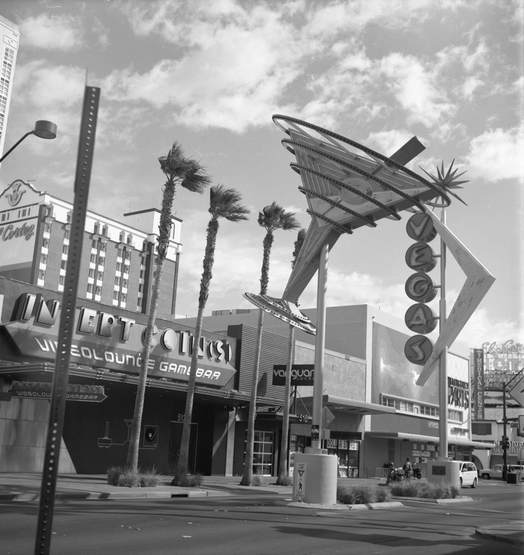Black and white photo of Downtown Las Vegas Fremont Street taken with a Rolleiflex TLR and developed in Caffenol, coffee and vitamin C.